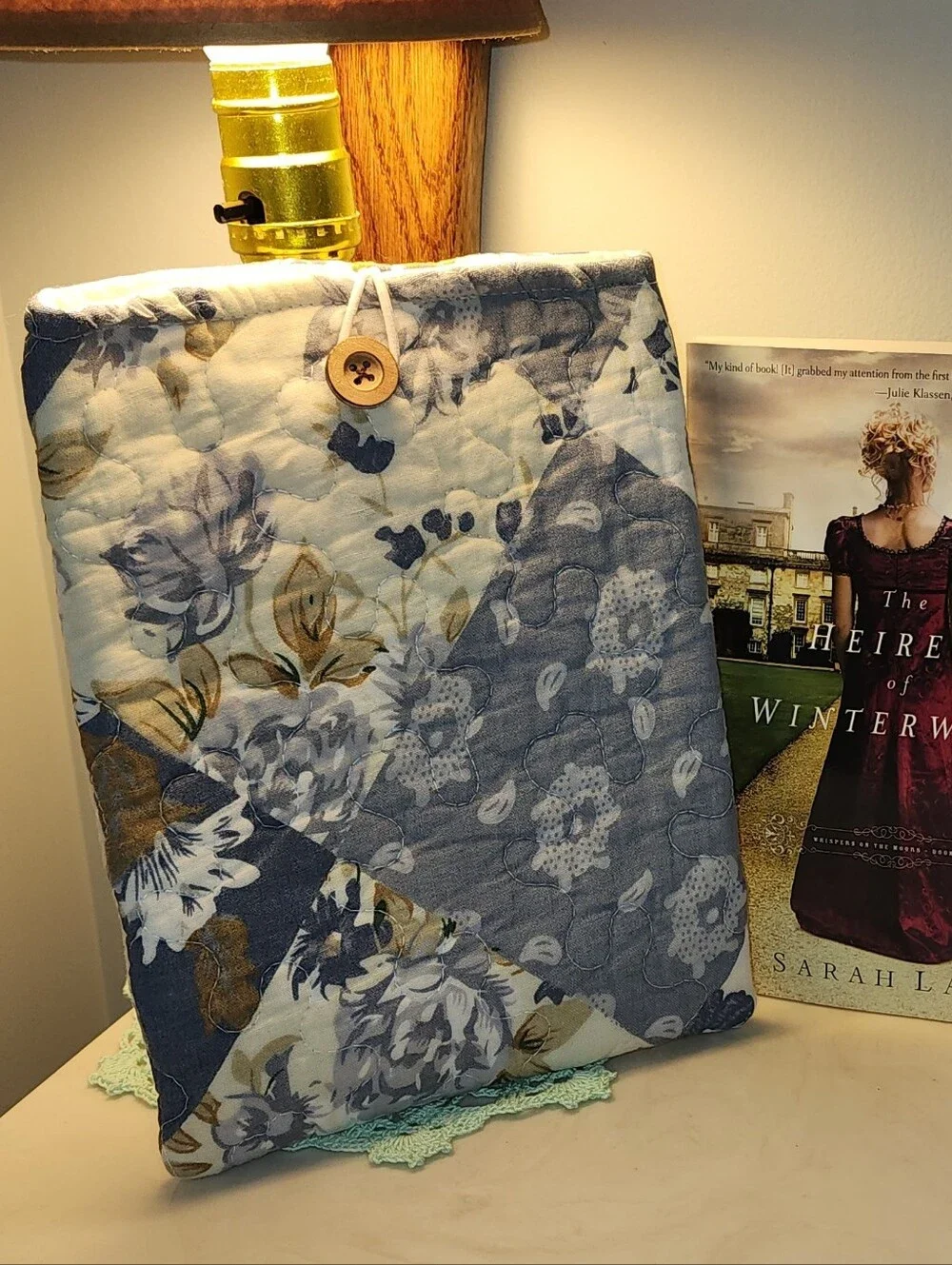 Quilted Floral Kindle Sleeve in Blue and Cream